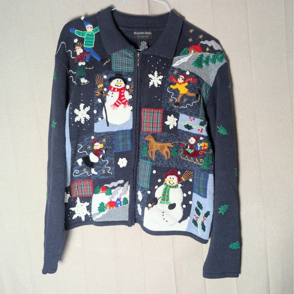 Vintage Hampshire Studio Christmas Cardigan Sweater Zip Up Embroidered Snowman L